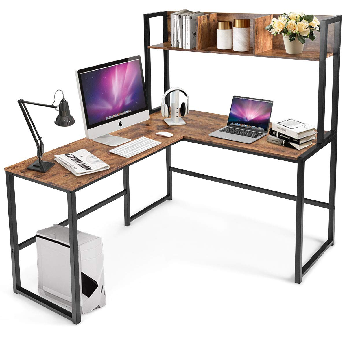 Tangkula Reversible L-Shaped Desk with Hutch, Space Saving Corner Computer Desk with Storage Bookshelf